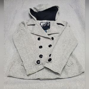 Sebby -- Women's Gray Hooded Peacoat with Black Buttons Size Large